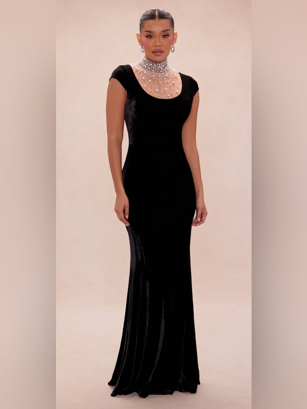Fashion Nova Black Velvet Maxi Dress with Embellished Illusion Neck